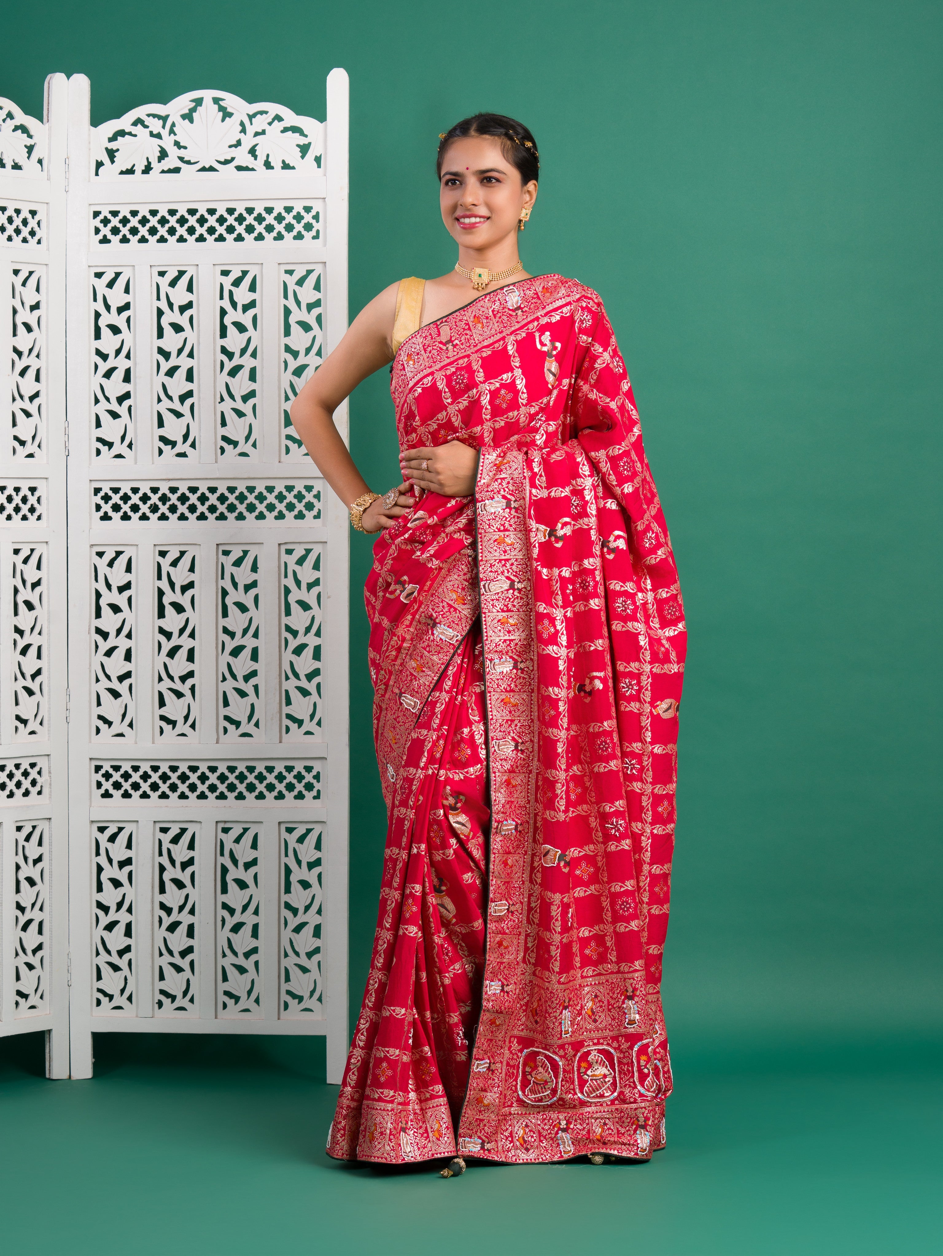 Tanmira Designer Rajwadi style Gharchola Bandhej Sarees Red