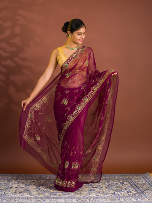 By Traditional Style With Handcrafted Aari tari Work