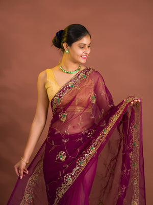 By Traditional Style With Handcrafted Aari tari Work