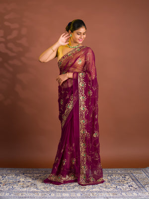 By Traditional Style With Handcrafted Aari tari Work