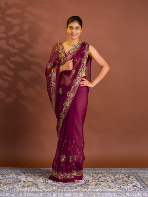 By Traditional Style With Handcrafted Aari tari Work