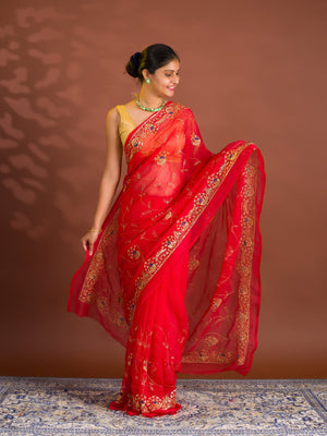 By Designer Saree With Handcrafted Aari Tari Work