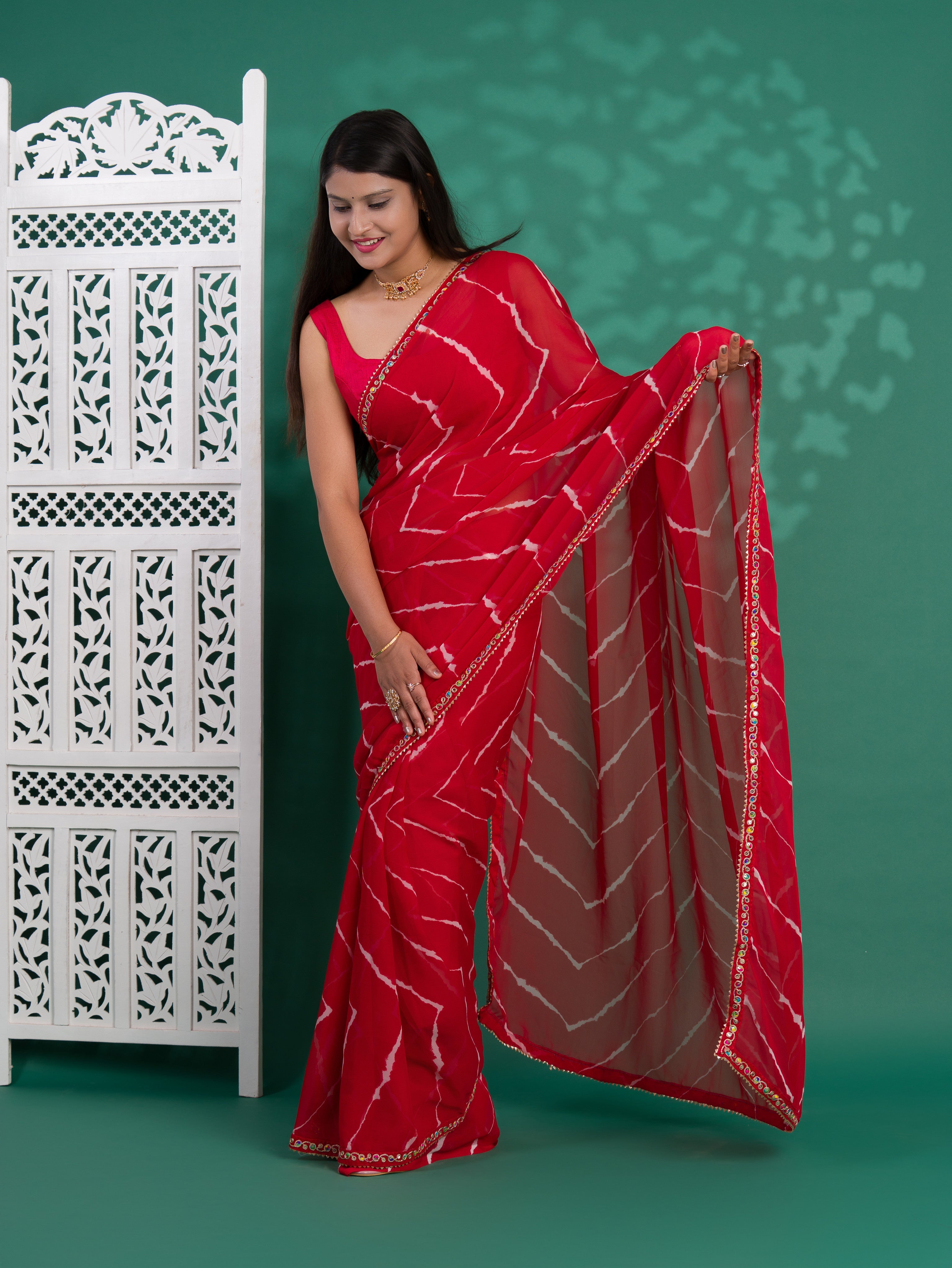 Tanmira New Chiffon Leheriya Style with Embroidery Work Saree STL