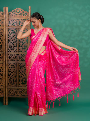 Silk Bandhani Style With Zari border Saree in pink colour under 1500