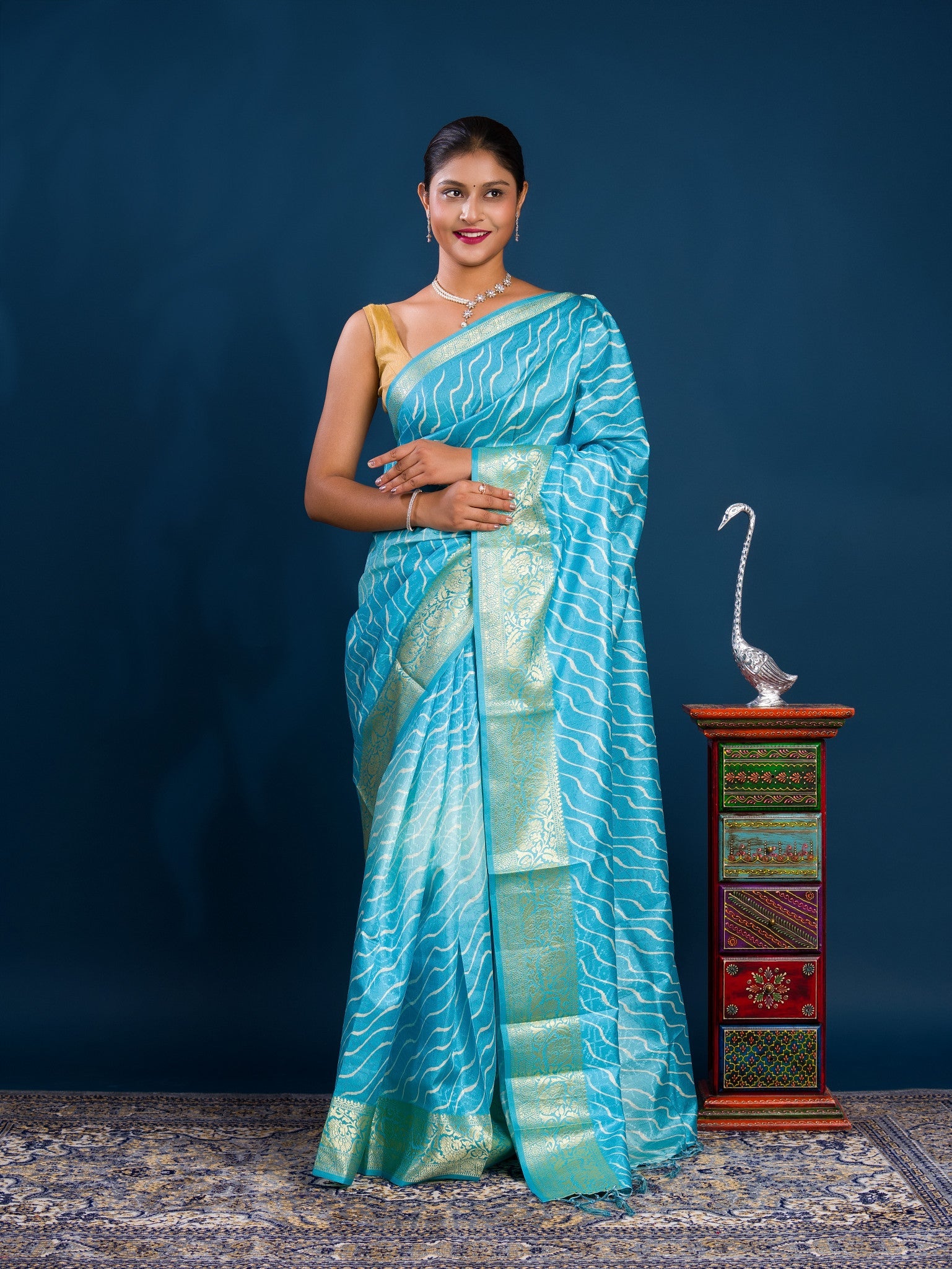 Dola Silk Leheriya Style With Zari border Saree in blue colour