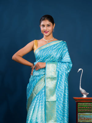Dola Silk Leheriya Style With Zari border Saree in blue colour