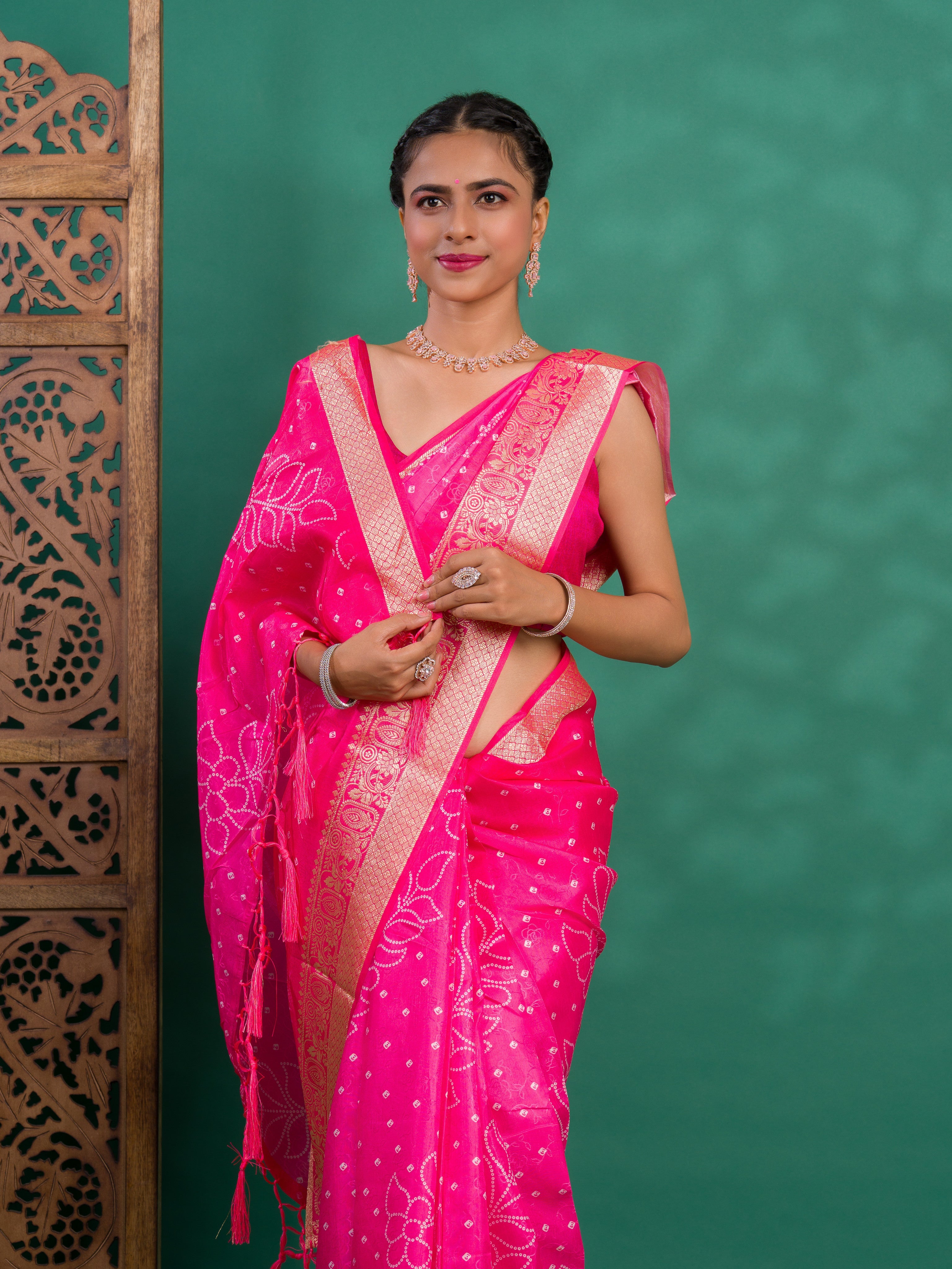 Tanmira New Launch Dola Silk Bandhani Style With Zari border Saree GAN