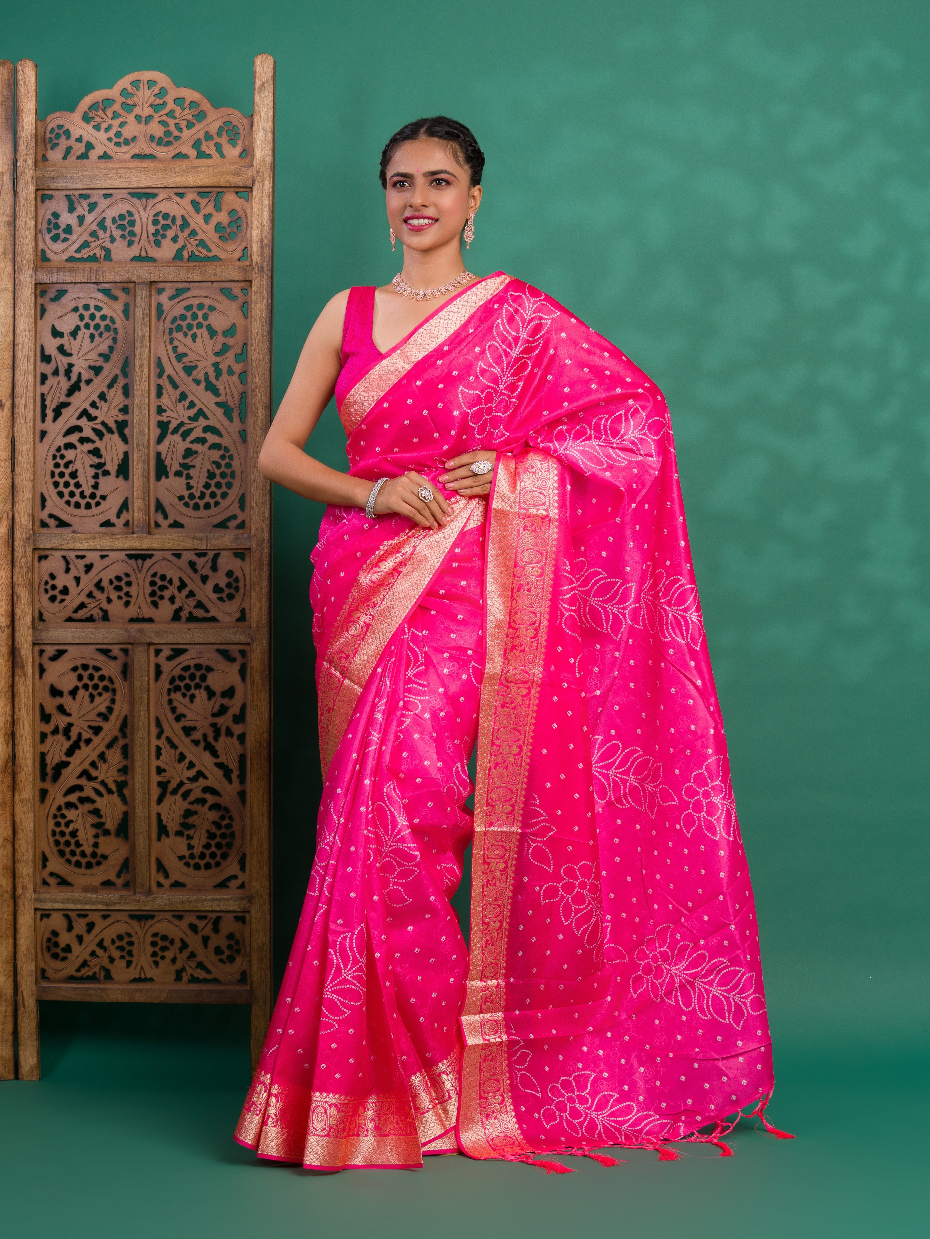 Tanmira New Launch Dola Silk Bandhani Style With Zari border Saree GAN
