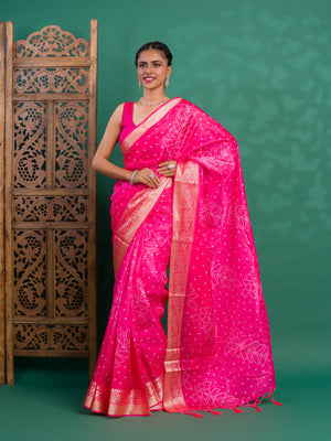 Silk Bandhani Style With Zari border Saree in pink colour under 1500