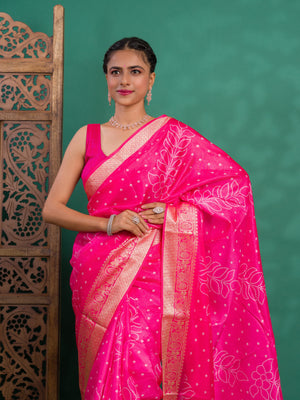 Silk Bandhani Style With Zari border Saree in pink colour under 1500