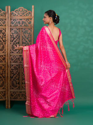 Silk Bandhani Style With Zari border Saree in pink colour under 1500