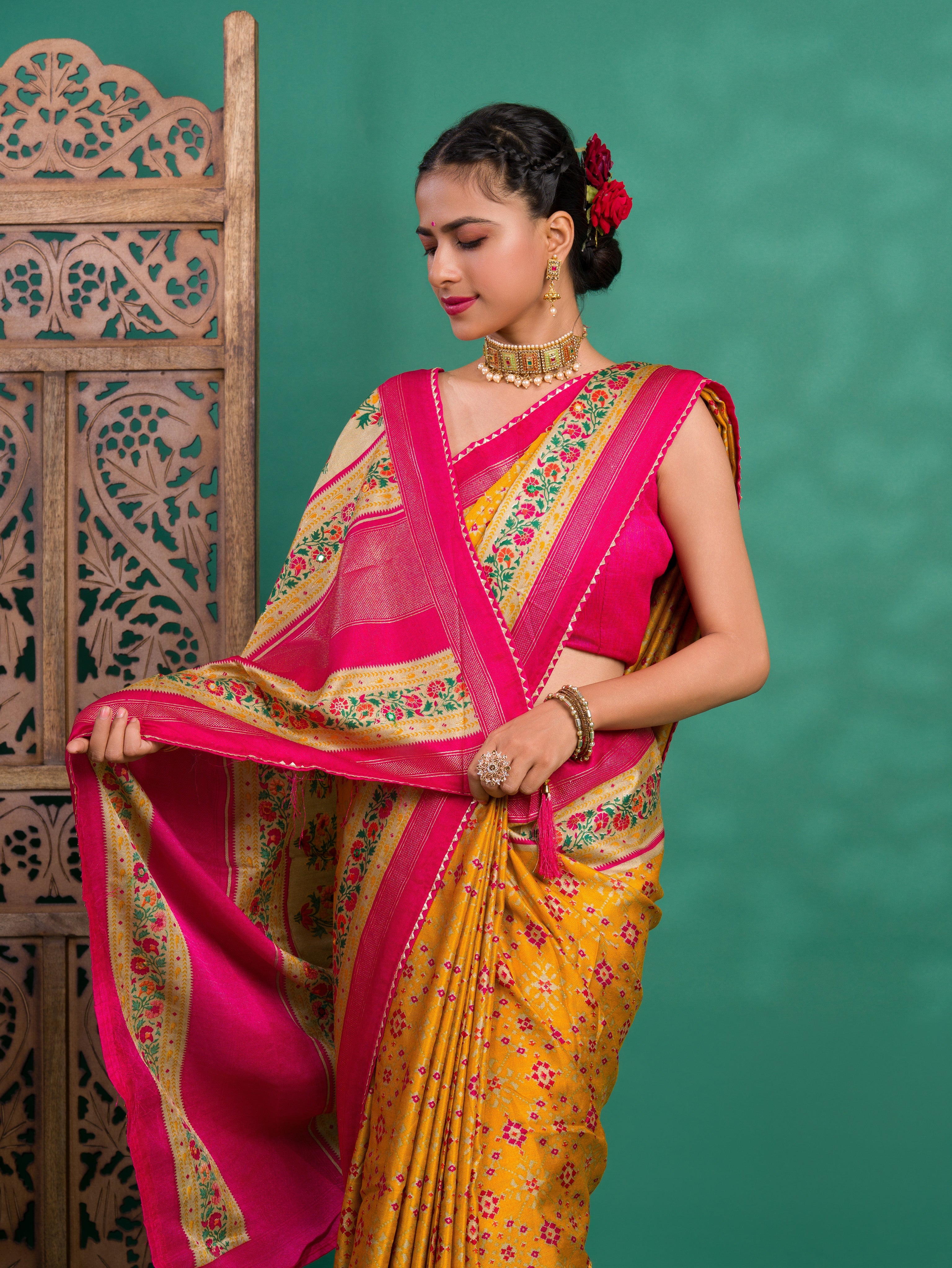 Tanmira New Beautiful Cotton silk Patola style With Mirror Work Saree SWA