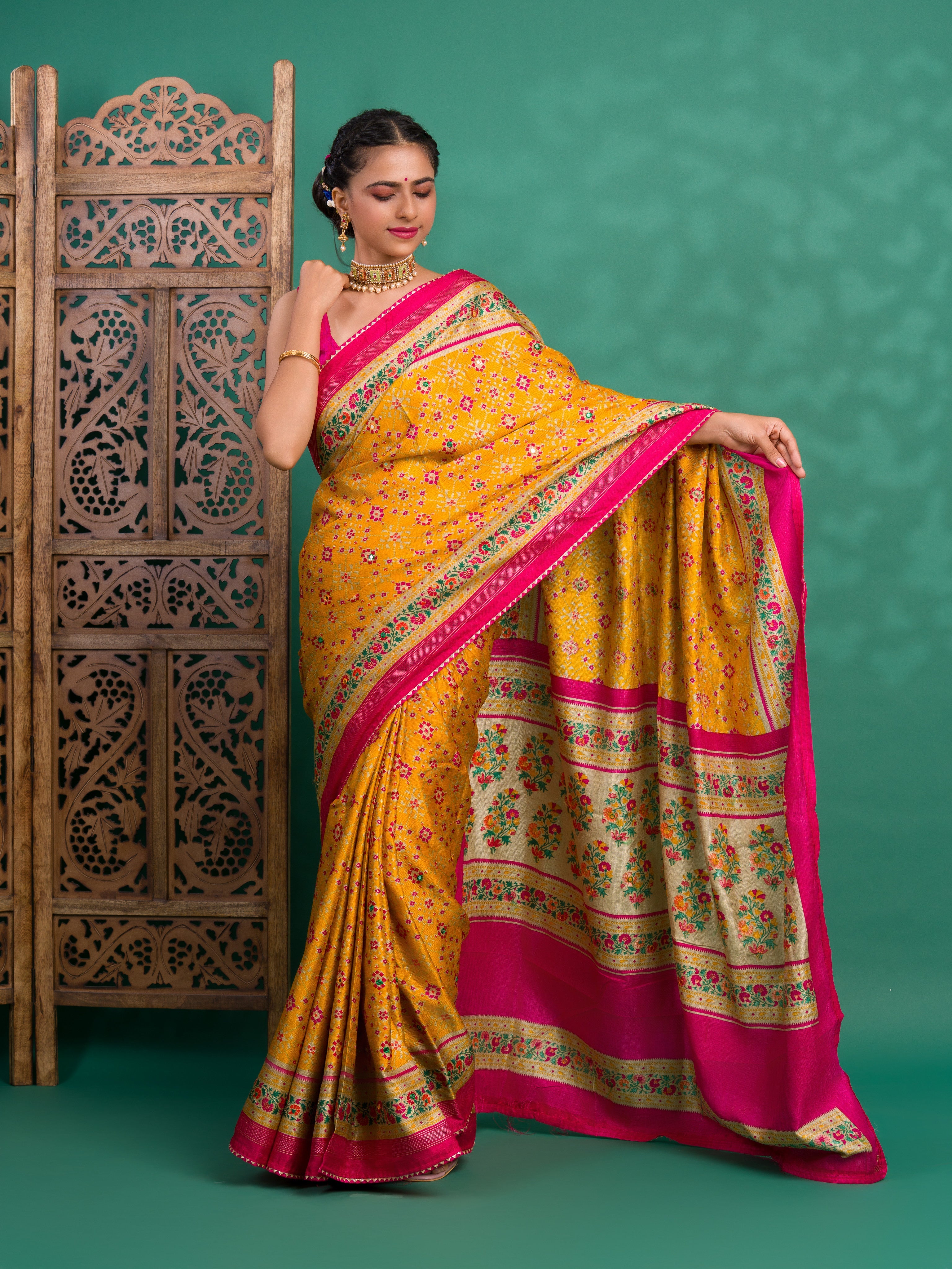 Tanmira New Beautiful Cotton silk Patola style With Mirror Work Saree SWA