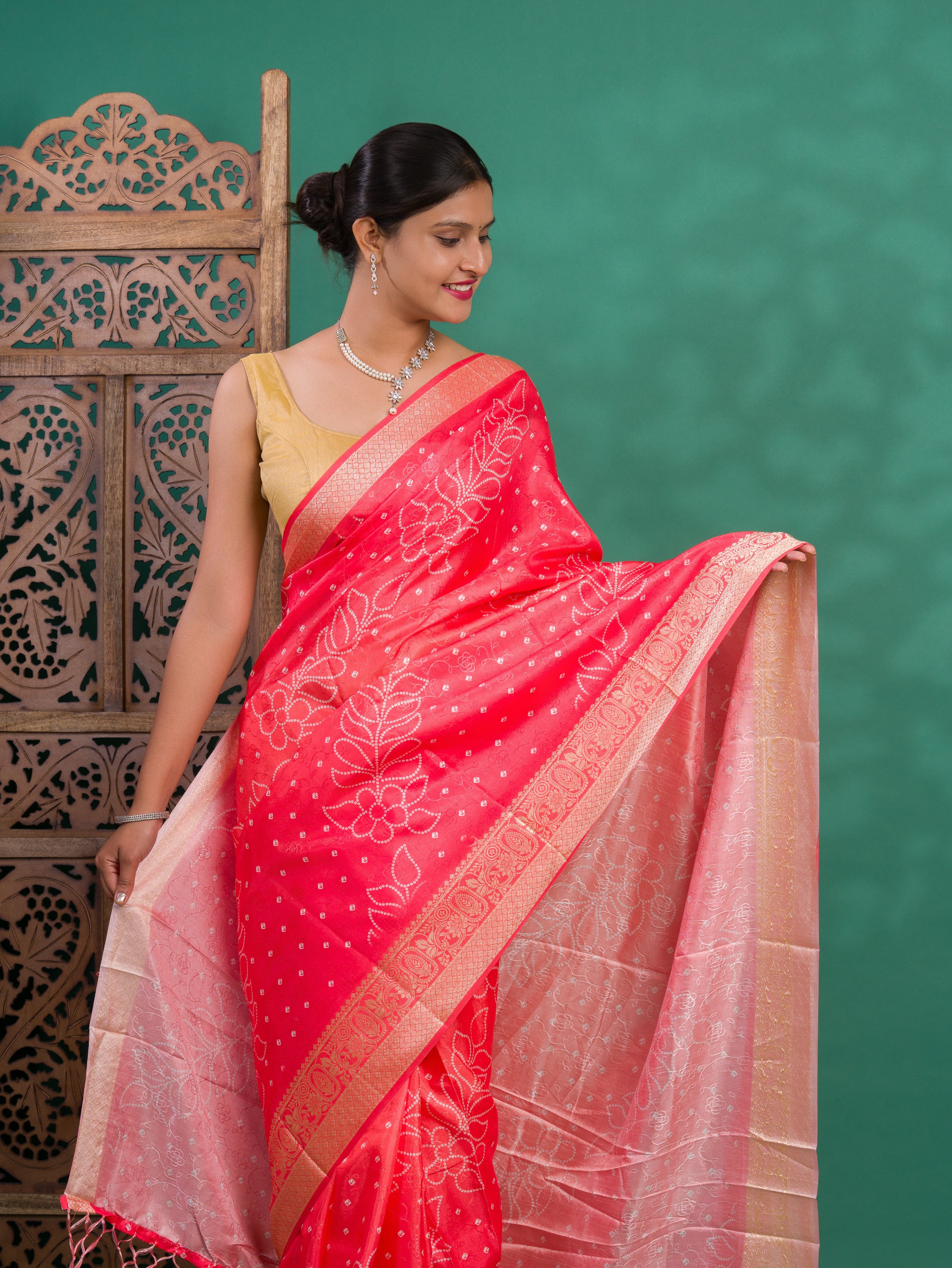 Tanmira New Dola Silk Bandhani Style With Zari border Saree GAN