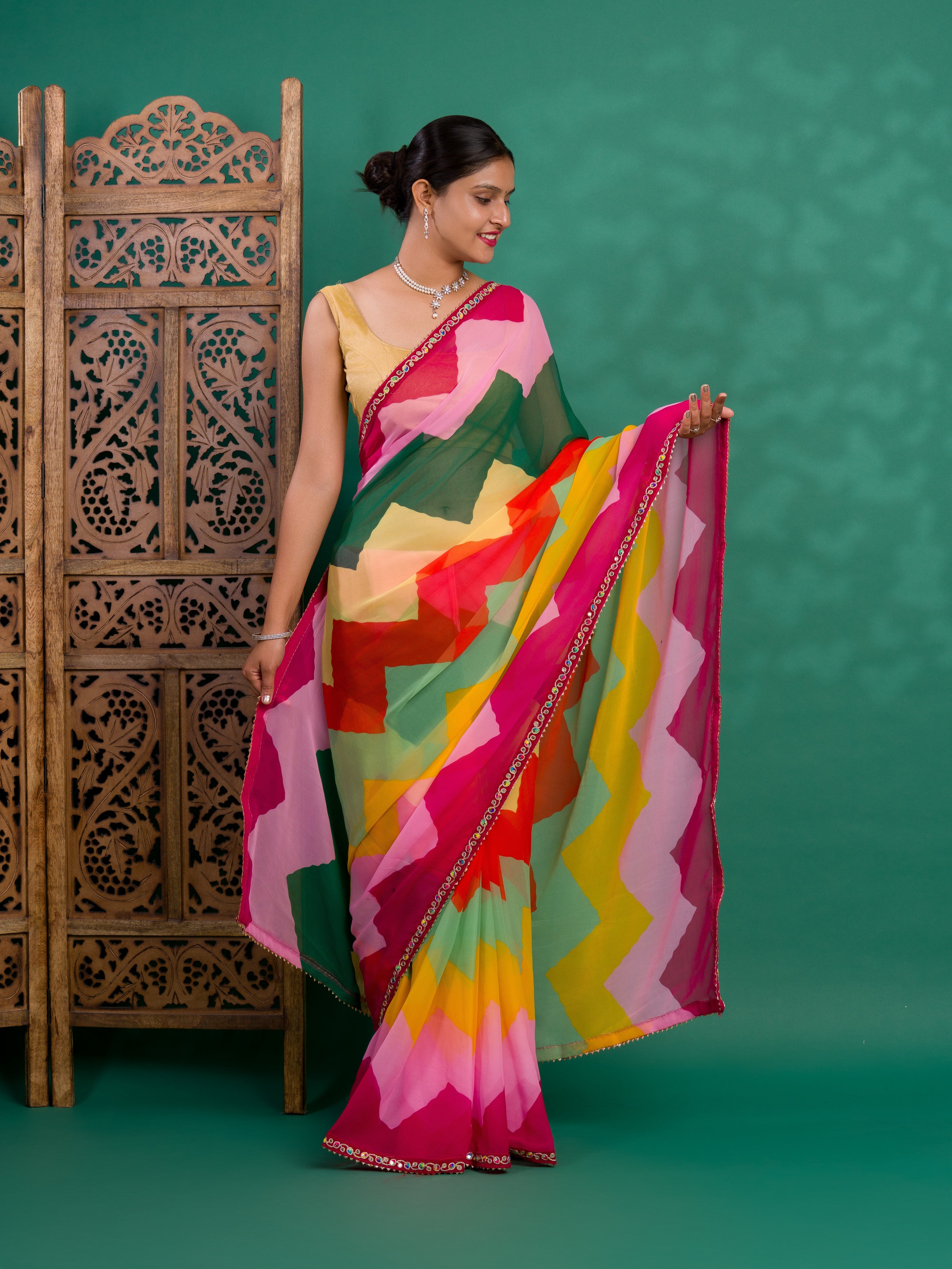 By New Special Zik Zag Chiffon Embroidery Work Saree