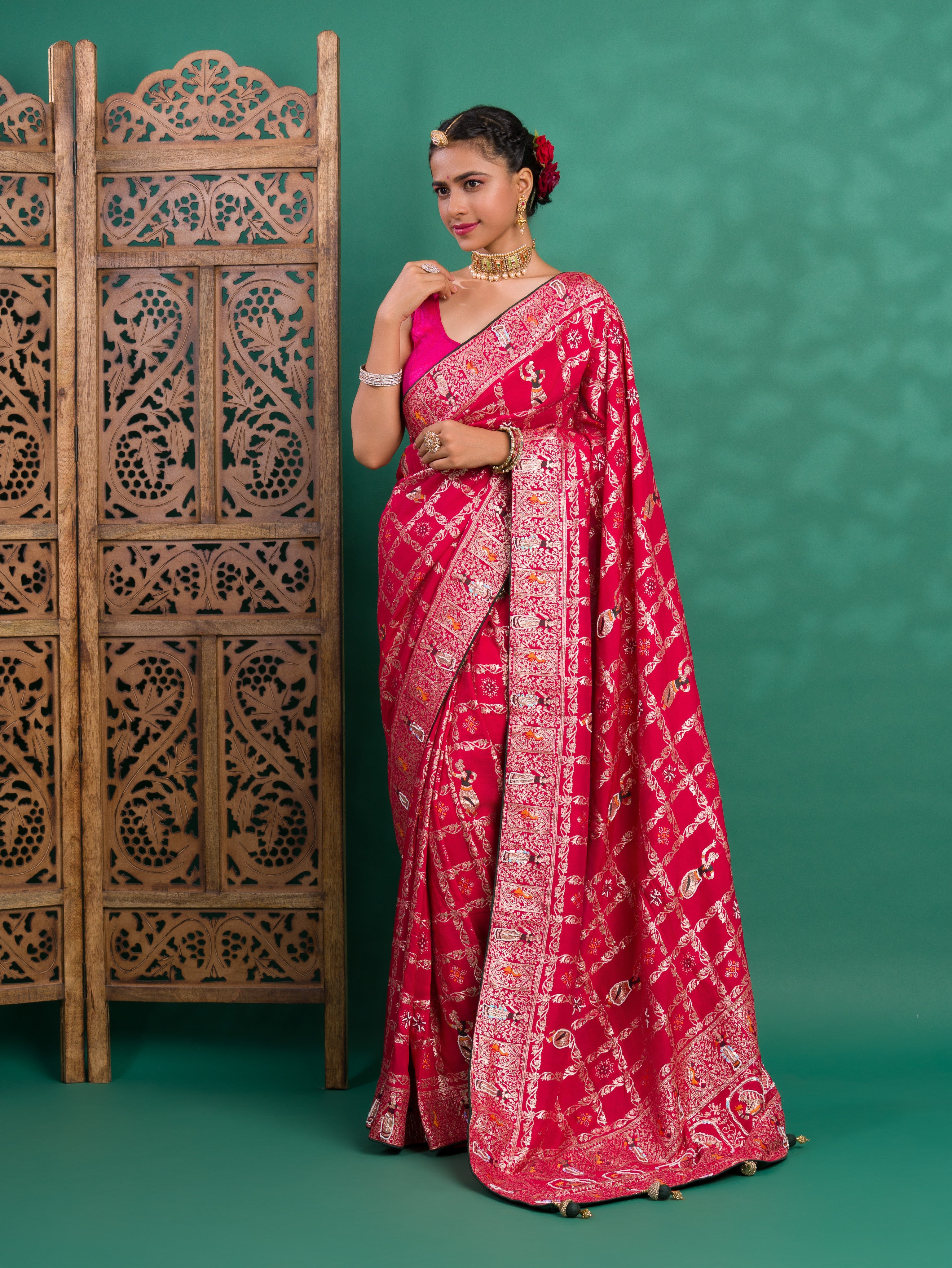 Tanmira New Designer Rajwadi Style Gharchola Bandhej Sarees Rani
