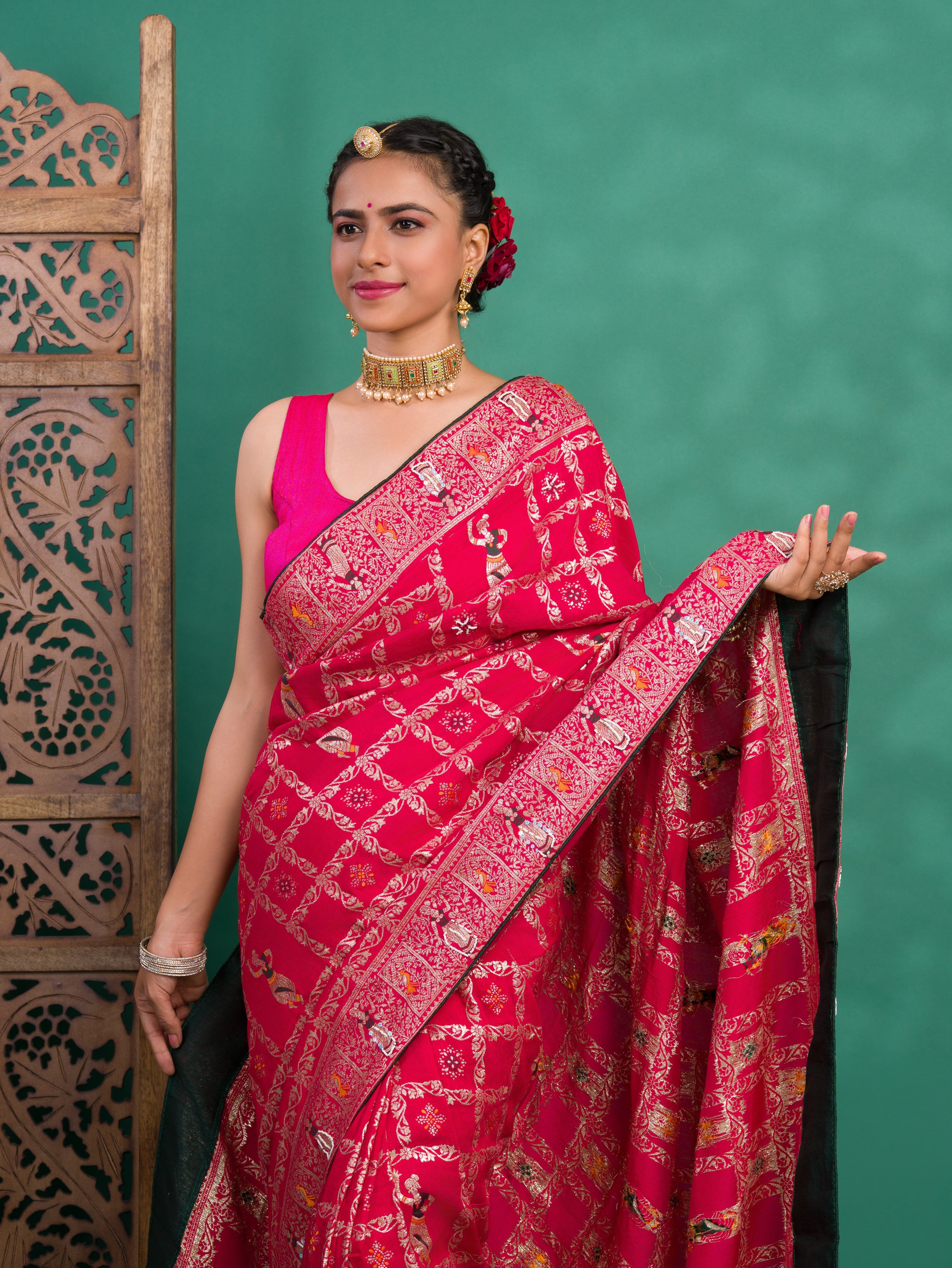 Tanmira New Designer Rajwadi Style Gharchola Bandhej Sarees Rani