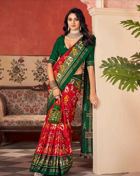 Tanmira New Beautiful Malai silk Patola Style With Hand print Work saree