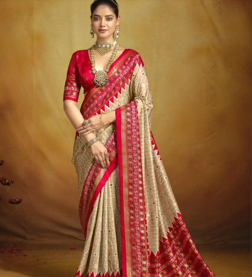 Tanmira New Traditional Malai silk Patola Style With Hand print Work saree