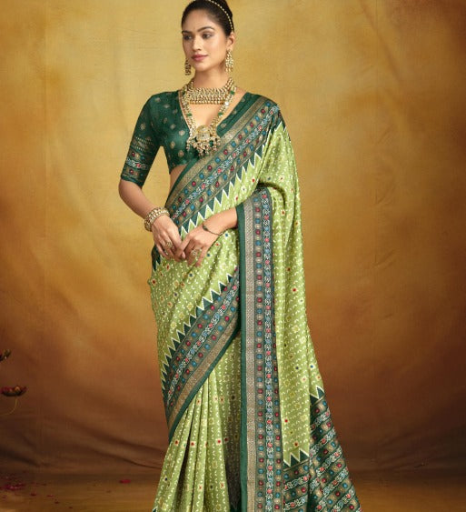 Tanmira New Malai silk Patola Style With Hand print Work saree