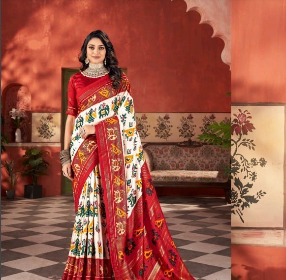 Tanmira New Special Malai silk Patola Style With Hand print Work saree