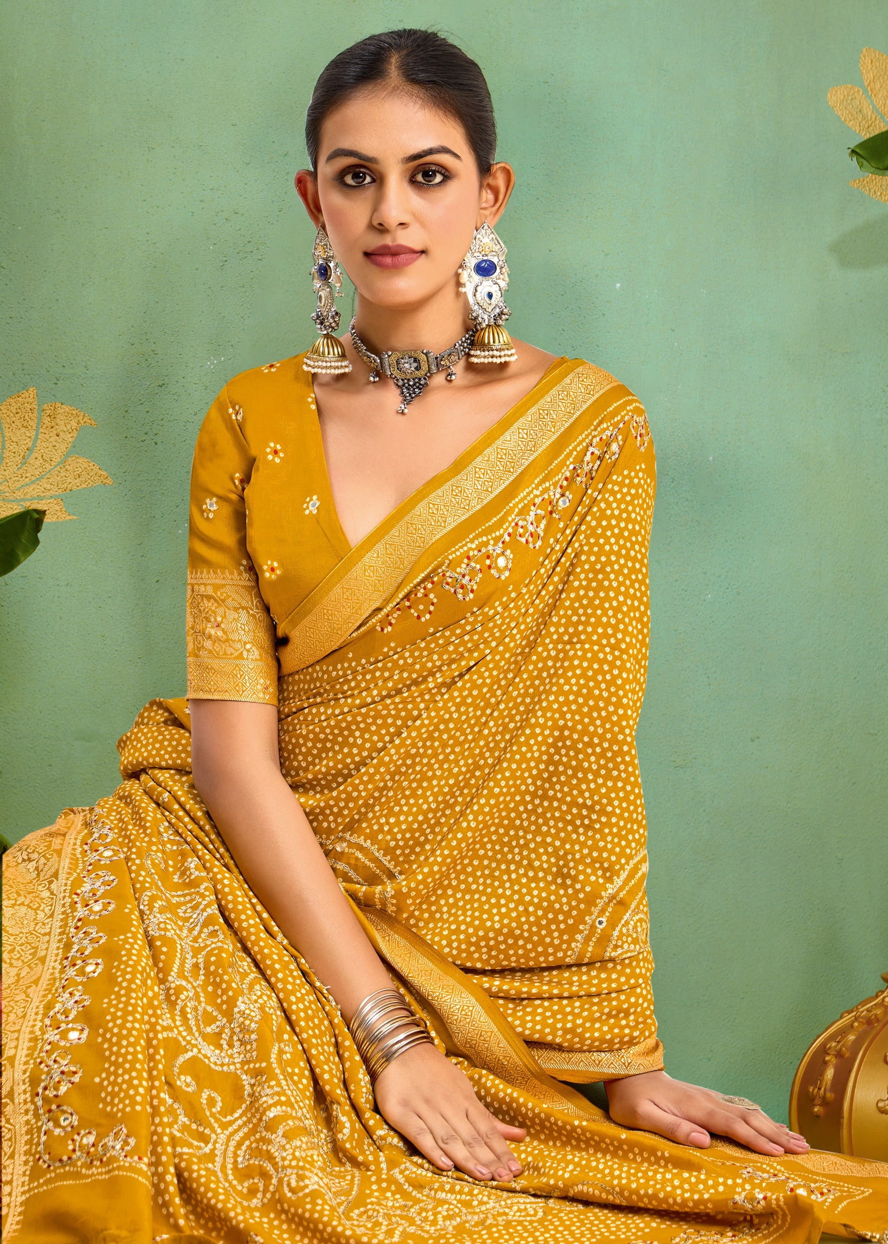 Tanmira New Dola silk Bandhani Print Gotapatti Aaritari work Saree Green GAN