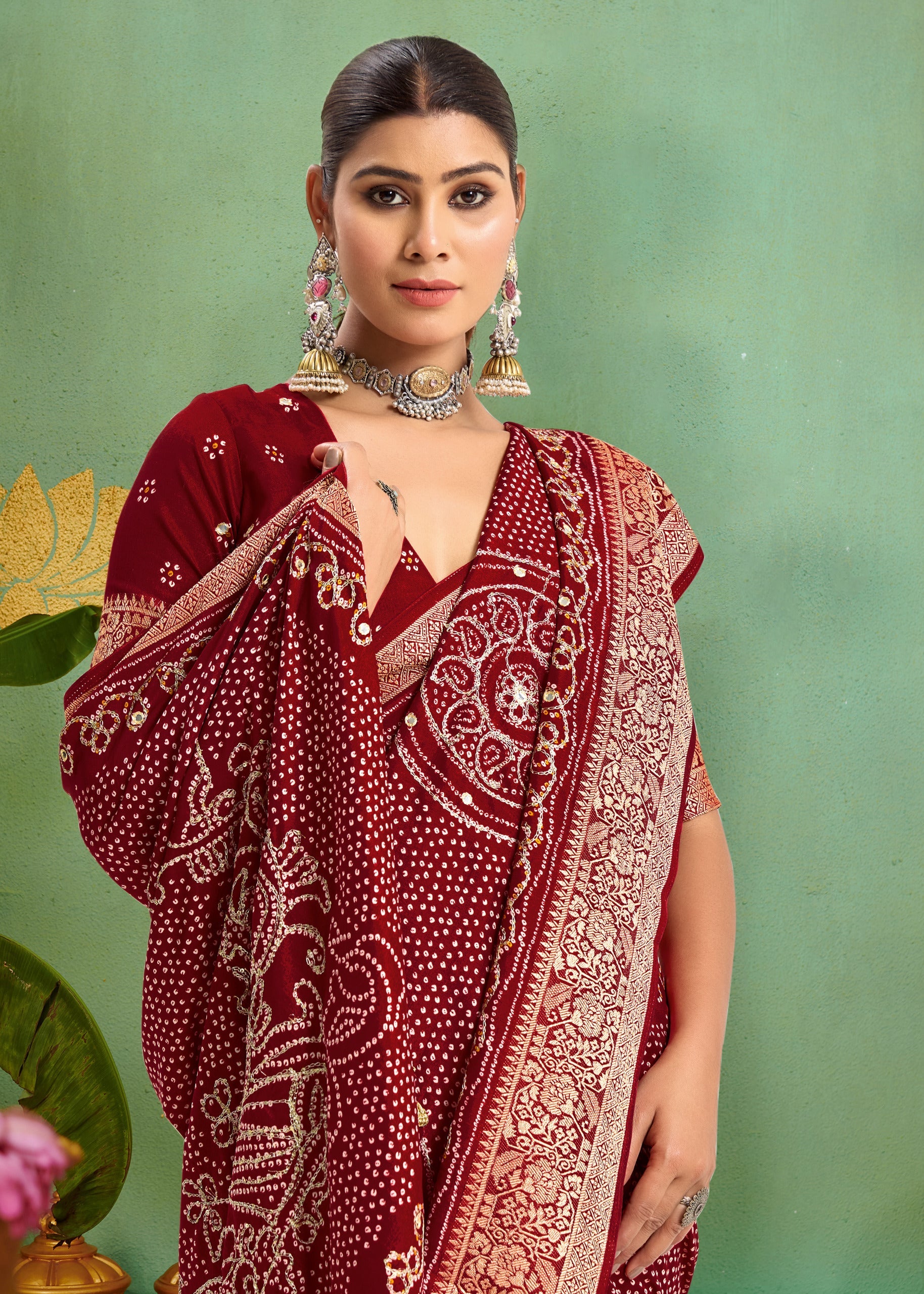 Tanmira Beautiful Dola silk Bandhani Print Gotapatti Aaritari work Saree Green GAN