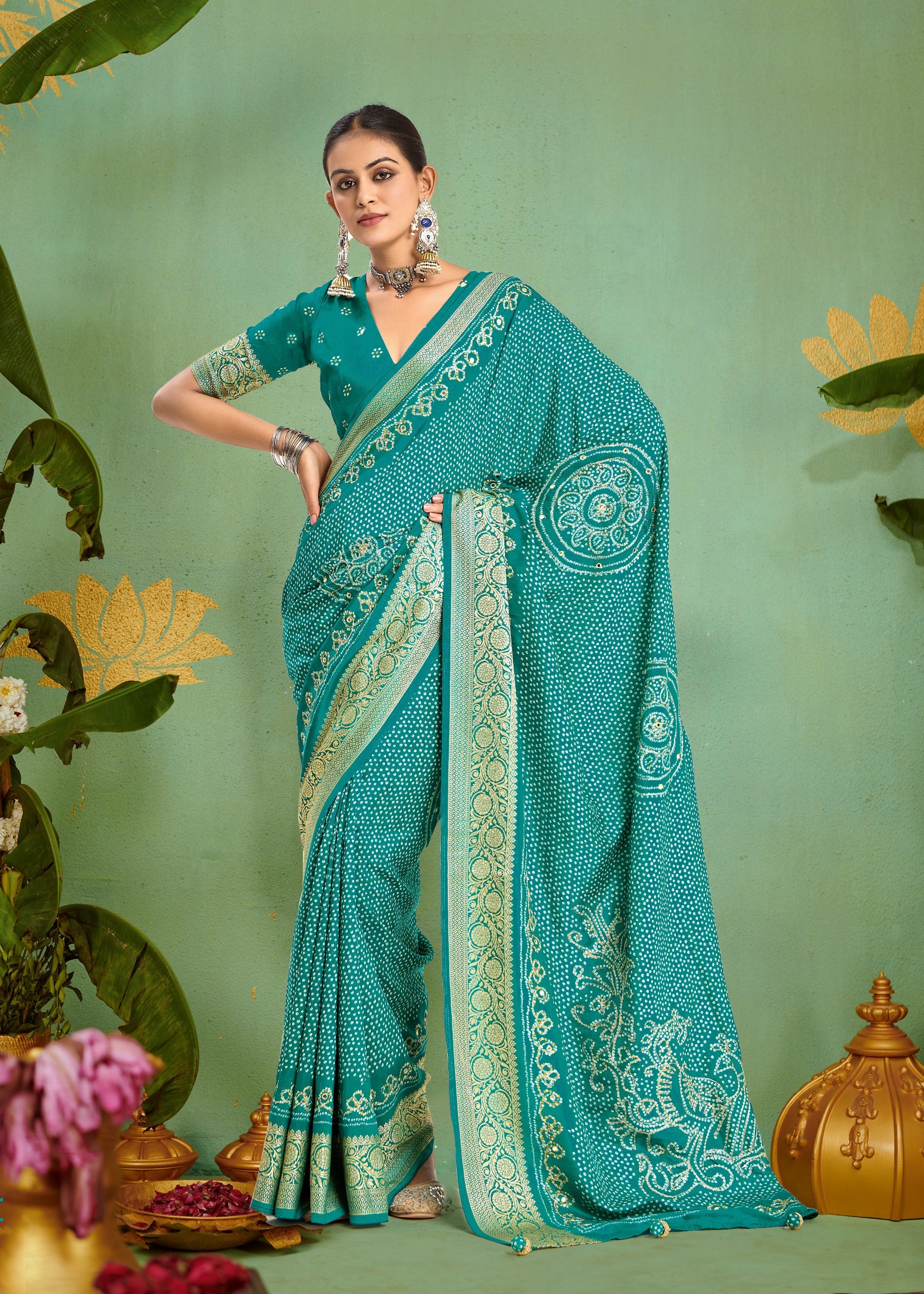 Tanmira New Beautiful Dola silk Bandhani Print Gotapatti Aaritari work Saree Green GAN