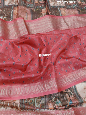 A saree with a kalamkari style pattern in pink colors, with zari weaving and a Banarasi border.