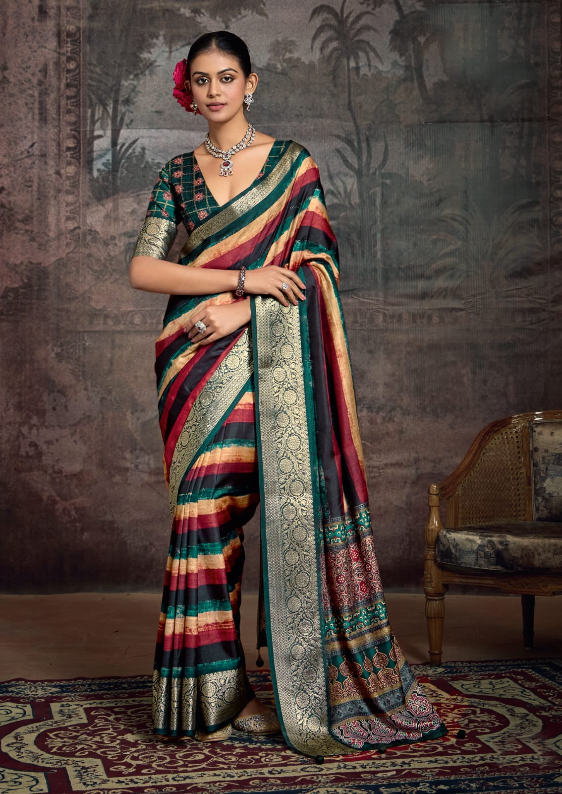 Silk Banarasi Style With Zari border Saree for festival