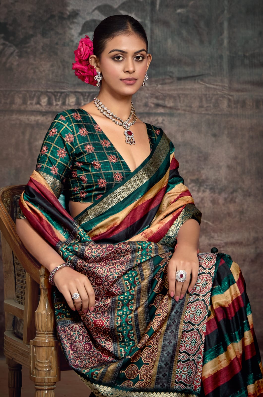 Silk Banarasi Style With Zari border Saree for festival