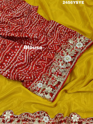 A yellow saree with red border Chinon Silk Bollywood Style With Sequence Gotapatti Work Saree