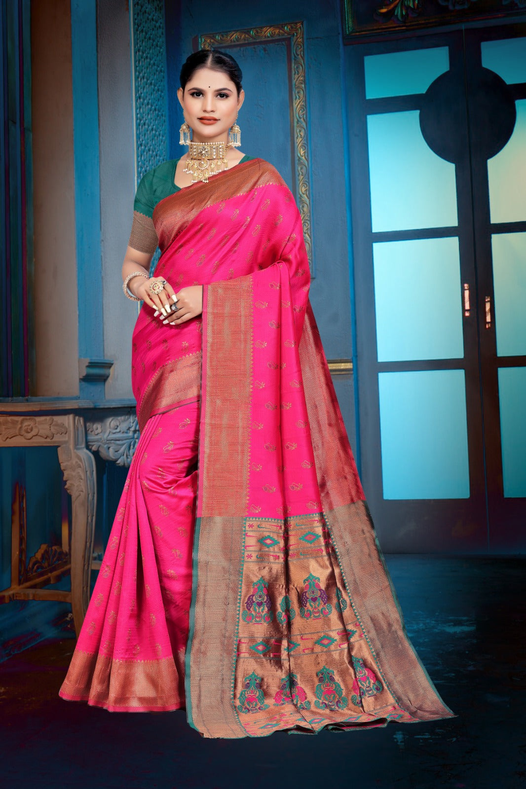A pink and purple Banarasi Dola Silk saree with traditional Zari print work,