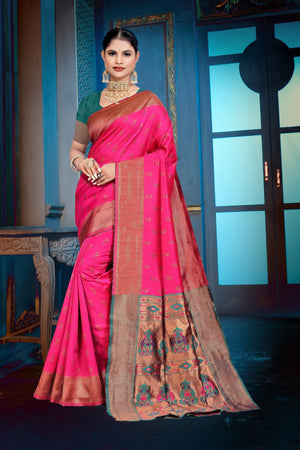 A pink and purple Banarasi Dola Silk saree with traditional Zari print work,