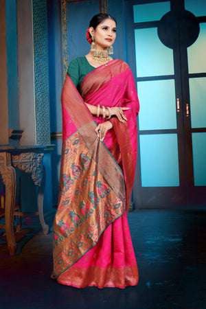 A pink and purple Banarasi Dola Silk saree with traditional Zari print work,
