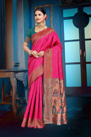 A pink and purple Banarasi Dola Silk saree with traditional Zari print work,
