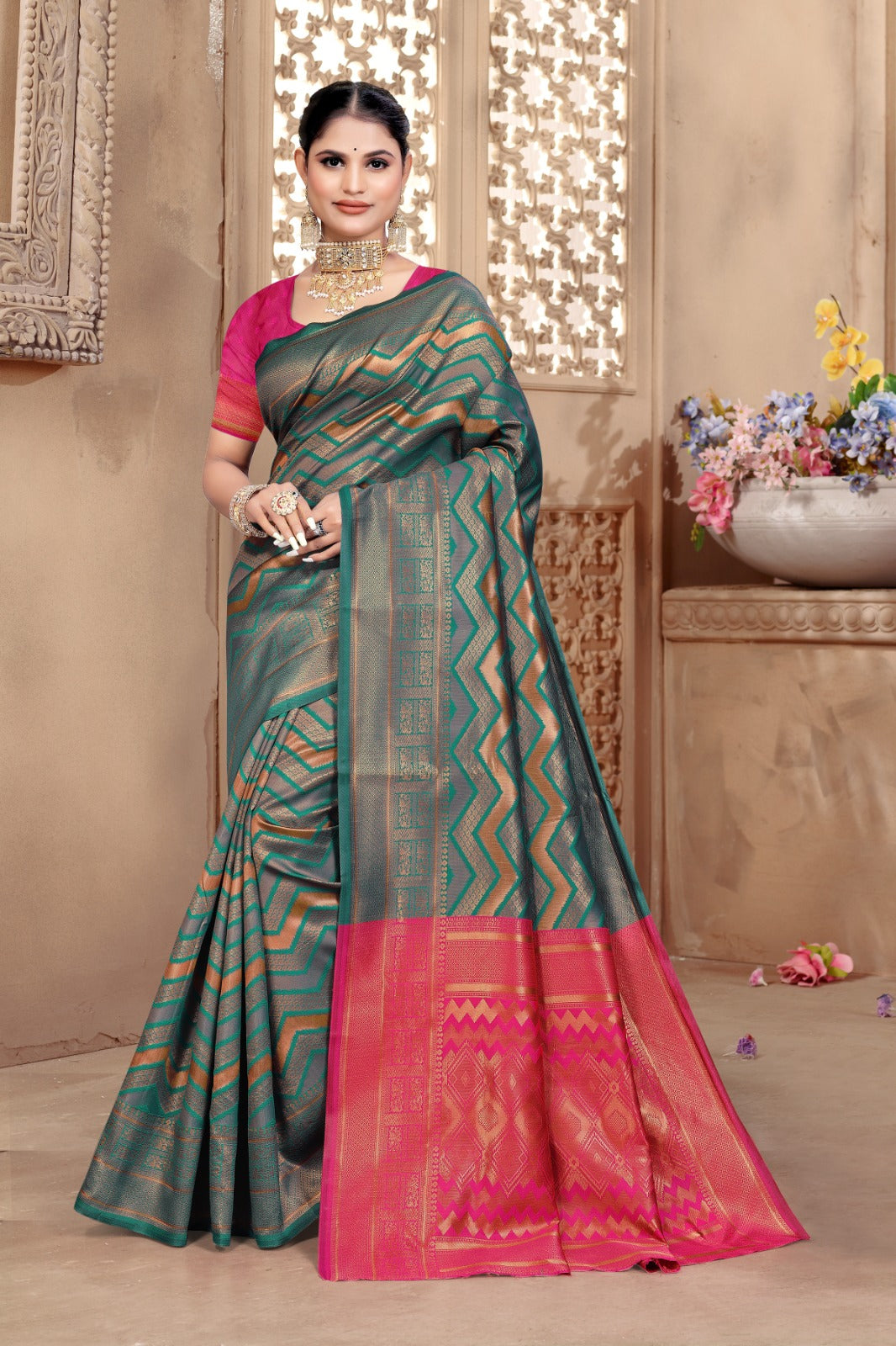 Tanmira Banarasi Dola Silk with Modern Zig Zag Print and Traditional Zari Border saree DC