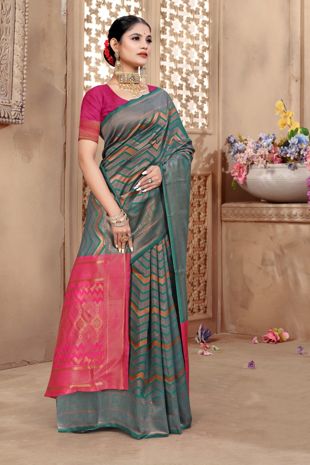 Tanmira Banarasi Dola Silk with Modern Zig Zag Print and Traditional Zari Border saree DC