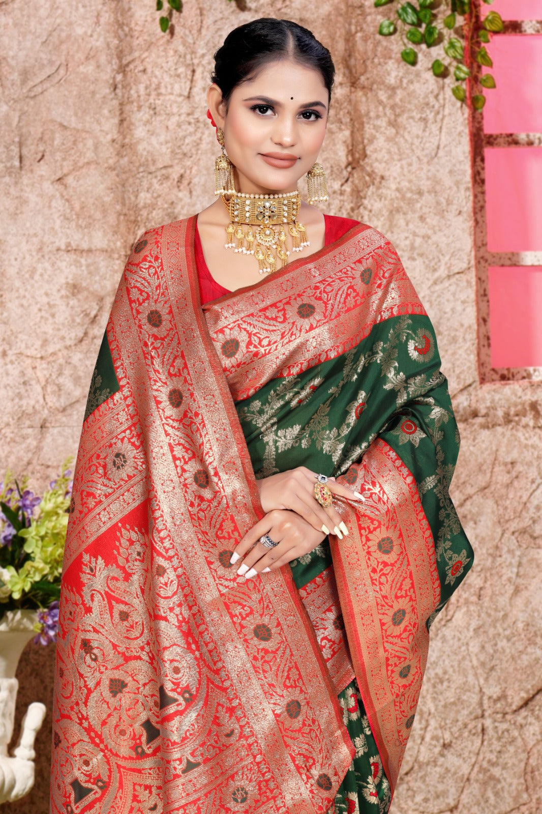 A green and red Banarasi saree with zari weaving for wedding
