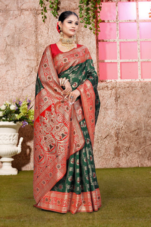 A green and red Banarasi saree with zari weaving for wedding
