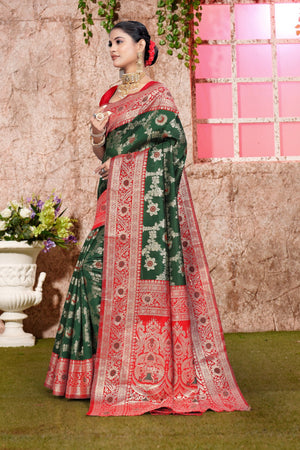 A green and red Banarasi saree with zari weaving for wedding