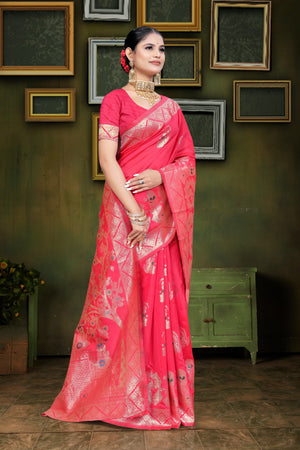 A red and orange Banarasi saree with zari weaving and floral patterns,