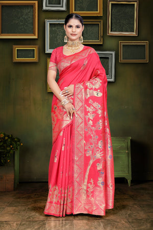 A red and orange Banarasi saree with zari weaving and floral patterns,