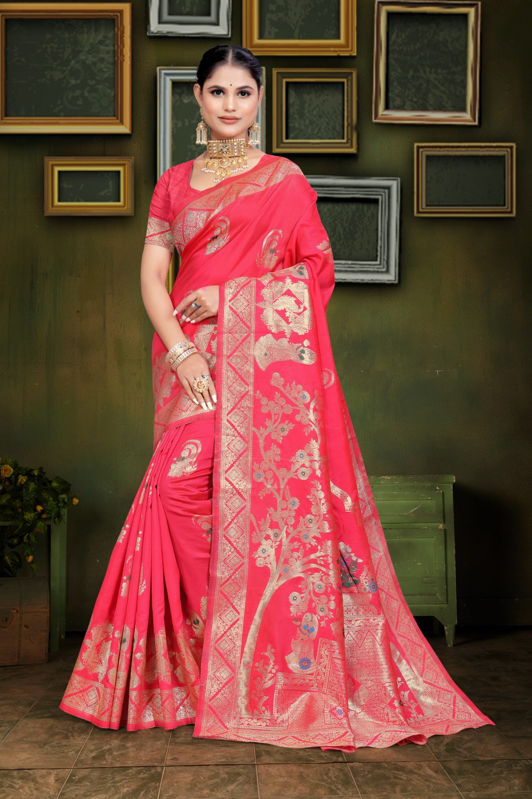 A red and orange Banarasi saree with zari weaving and floral patterns,