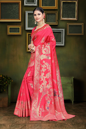 A red and orange Banarasi saree with zari weaving and floral patterns,