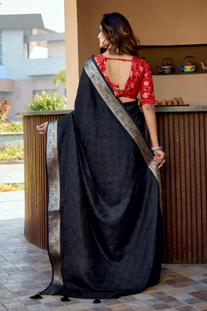 black Glossy Dola Silk Saree for Festive moments
