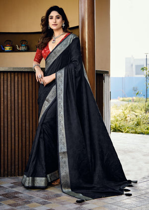 black Glossy Dola Silk Saree for Festive moments
