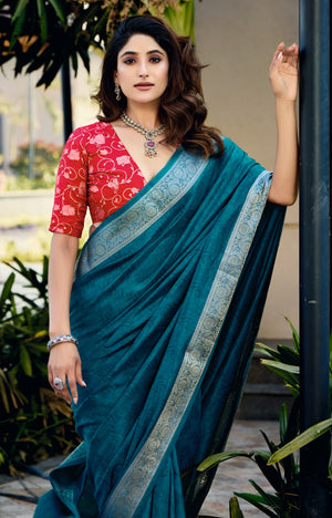 blue Glossy Dola Silk Saree for Festive moments