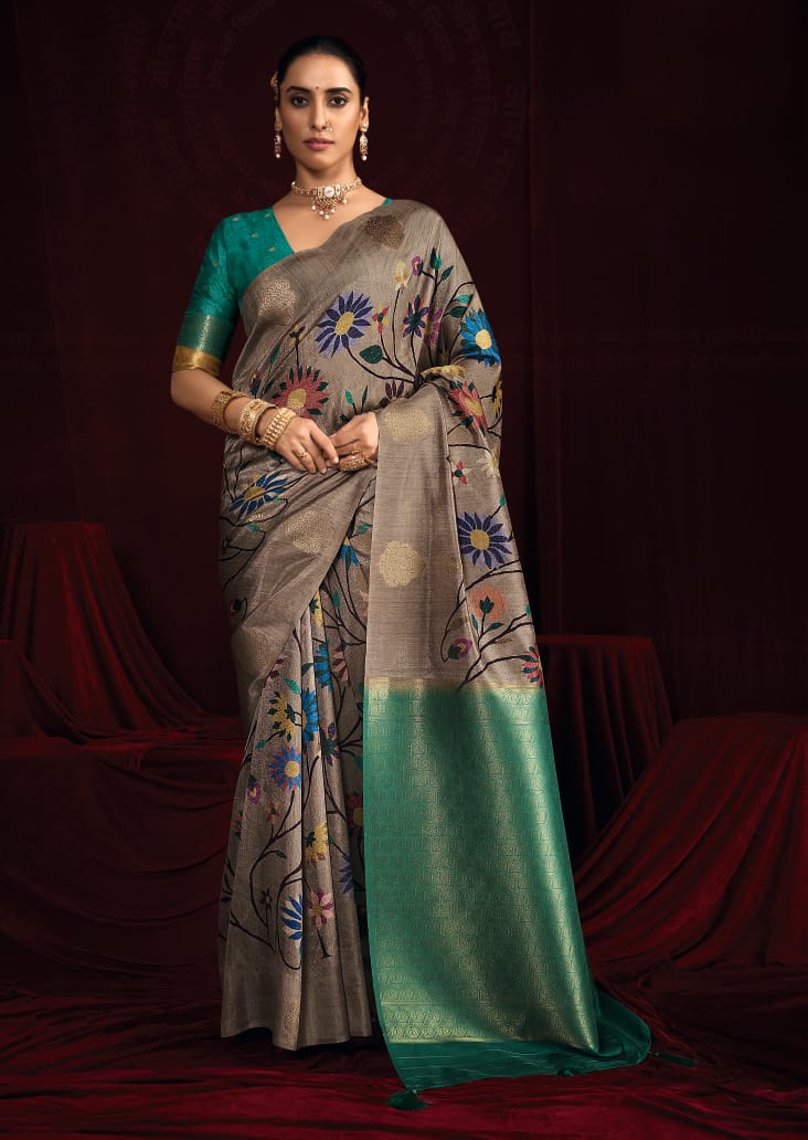 Cotton Silk Printed Style With Zari border Saree for festive season
