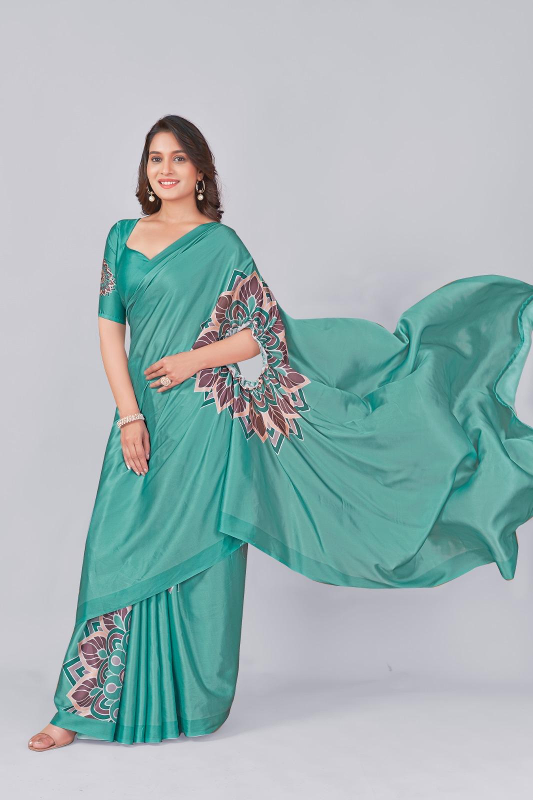Tanmira Trendy Green Party Wear Saree Smooth Crepe Silk with Designer Print SRK